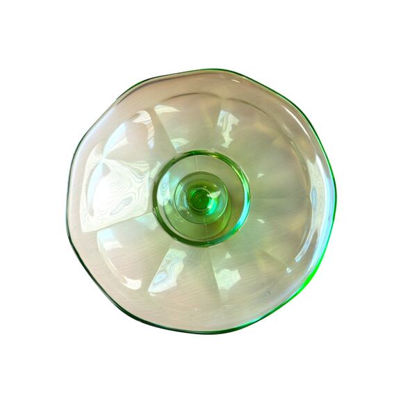 Vintage Green Glass Footed Platter Scalloped Ruffle Edge Cake Stand - Picture 3 of 7